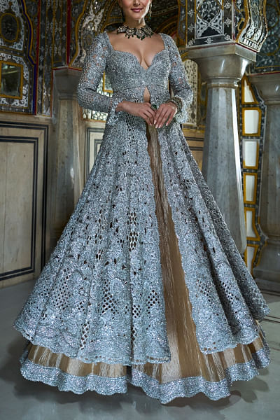Silver cutwork open jacket and sharara set