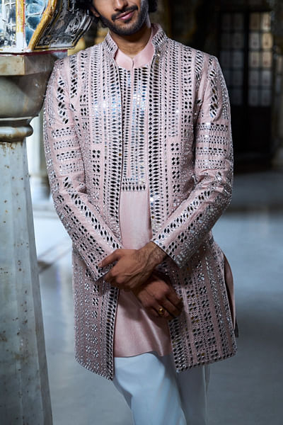Rose gold mirror embroidered open jacket set