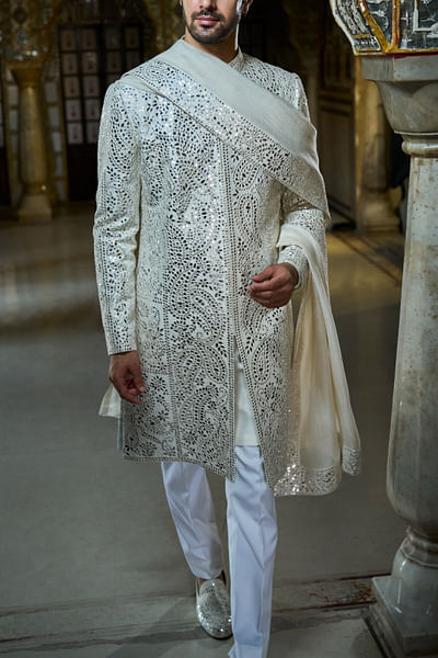 Ivory paisley embroidered sherwani set