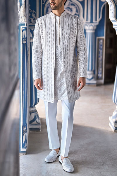Grey linear embroidered open sherwani set