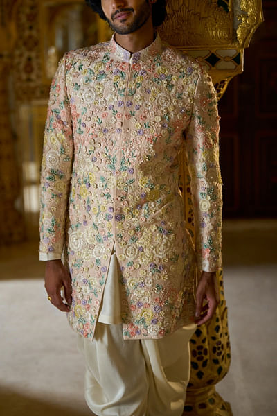 Cream floral embroidered sherwani set