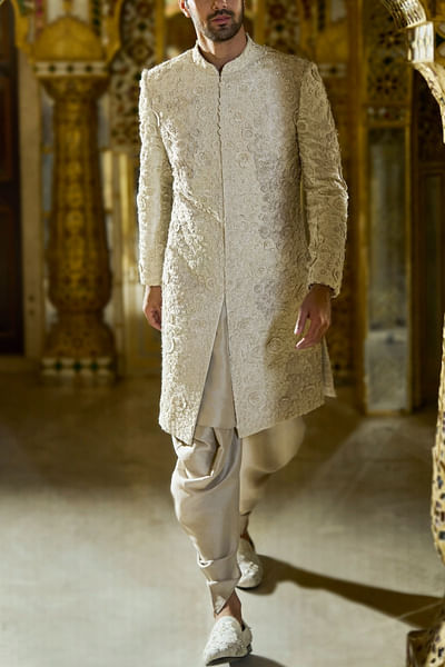 Cream raw silk embroidered sherwani set