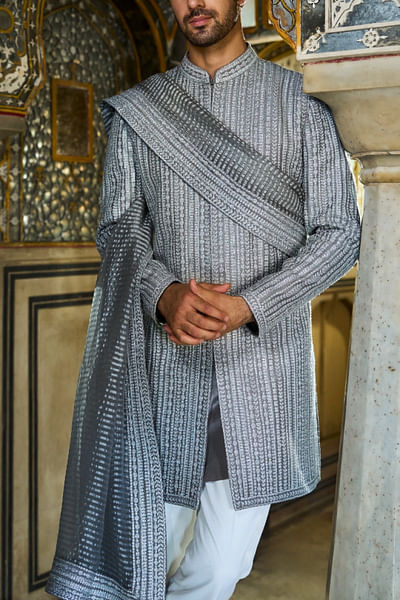 Silver linear embroidered sherwani set