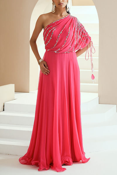 Pink one shoulder anarkali set