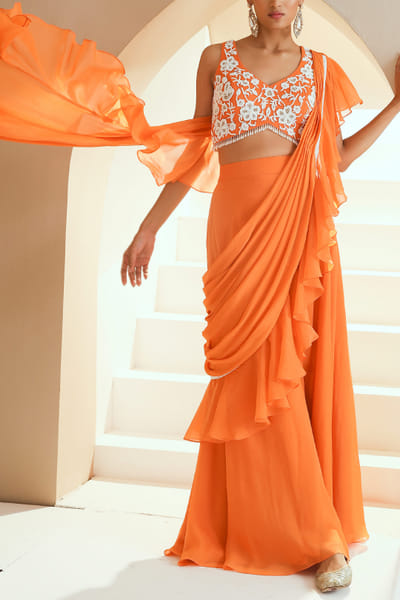 Seema Thukral Orange ruffle sari and blouse SEESEP2205