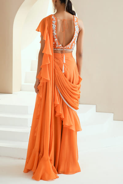 Seema Thukral Orange ruffle sari and blouse SEESEP2205