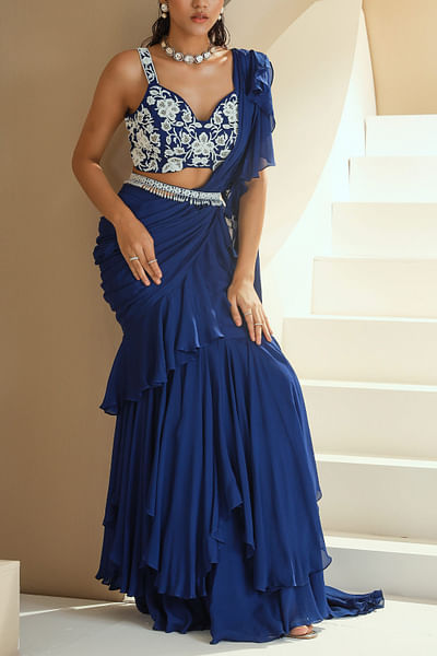 Blue pre-draped sari set