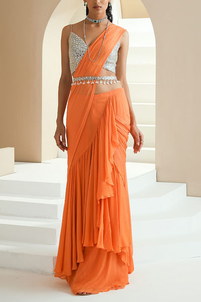 Orange pre-stitched sari set