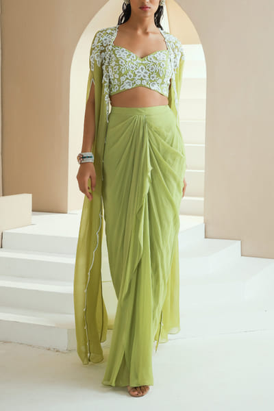 Seema Thukral Green embroidered cape and skirt set SEESEP2216