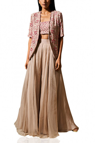 Ecru embroidered cami top and jacket with pants