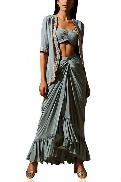 Pebble green dhoti skirt with bralet and jacket