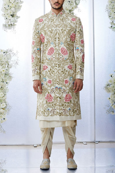 Cream embroidered sherwani set