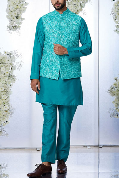 Teal green embroidered bandi and kurta set