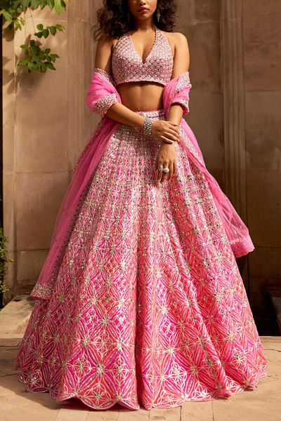 Fuschia embroidered lehenga set