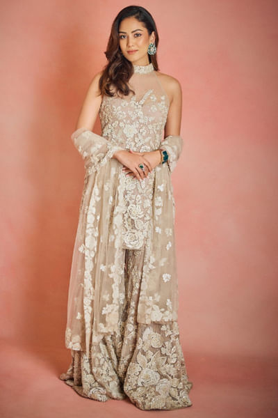 Nude 3D floral embroidery sharara set