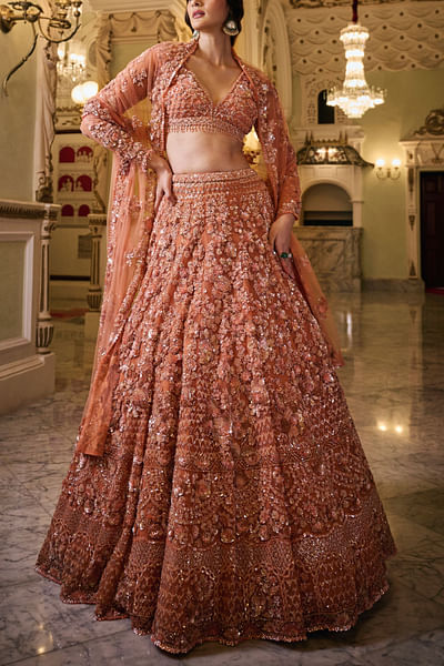 Copper floral embellished lehenga set