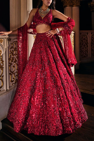 Red floral embellished lehenga set