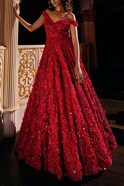 Red embellished off-shoulder gown
