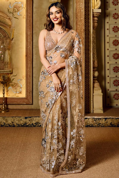 Nude silver floral metallic appliqued sari set