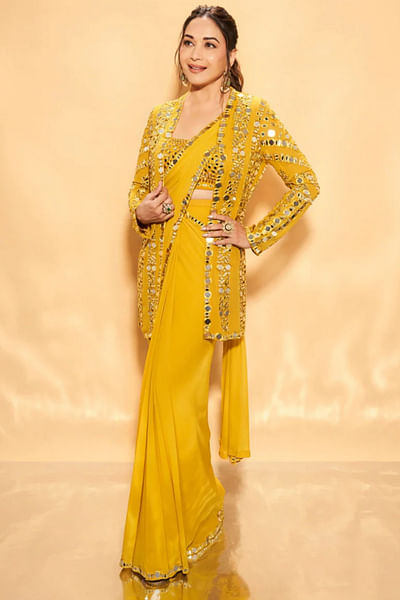 Yellow mirror work pre-draped sari jacket set
