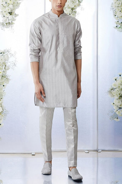 Teal grey embroidered kurta set