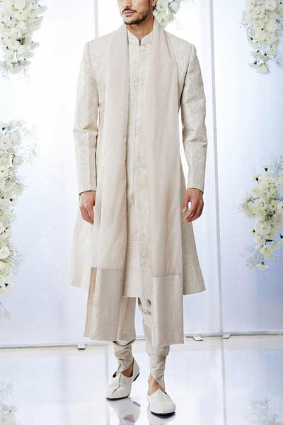 Ivory raw silk sherwani set