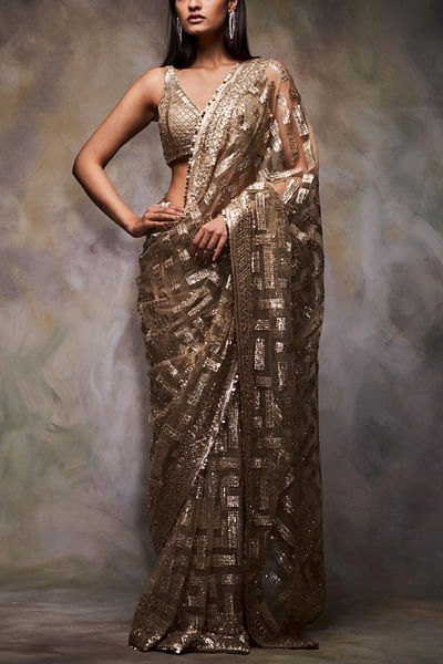 Gold sequin sari set