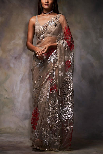 Embroidered tulle sari set