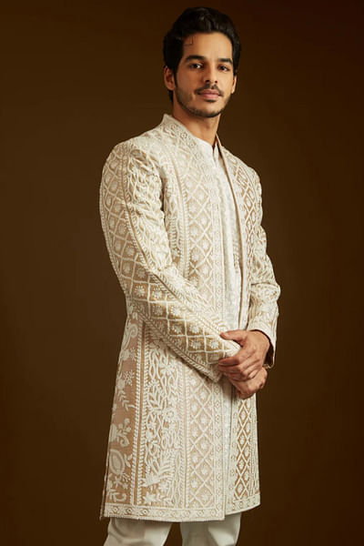 Nude embellished open sherwani set