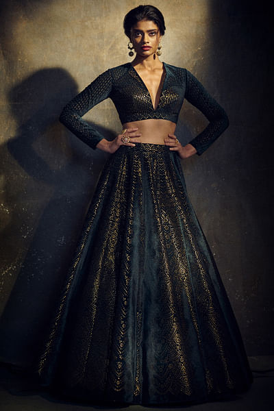 Emerald green and gold lehenga set