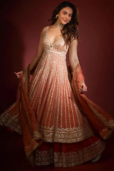 Burnt orange gota embroidery anarkali sharara set