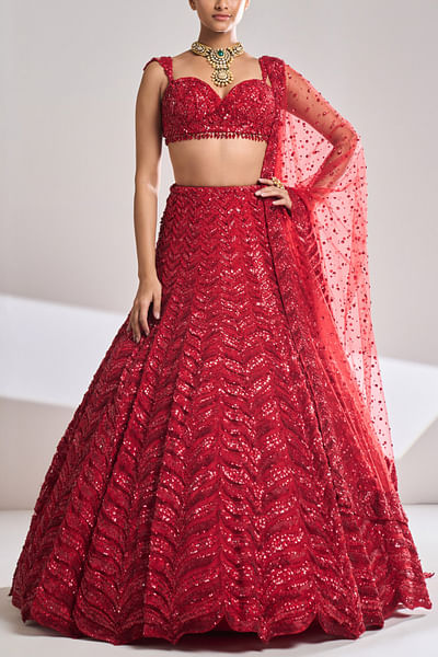Red embellished lehenga set