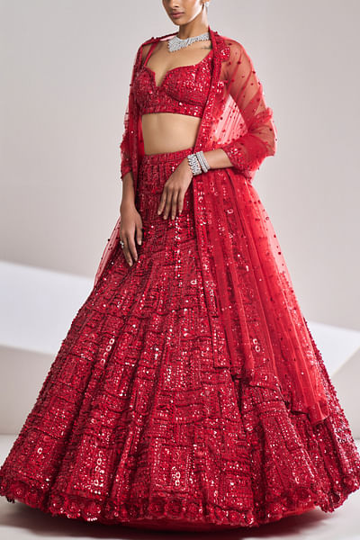 Red embellished lehenga set