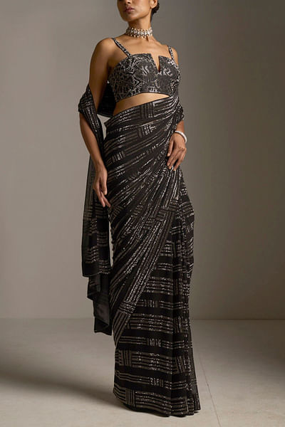Black embellished sari set