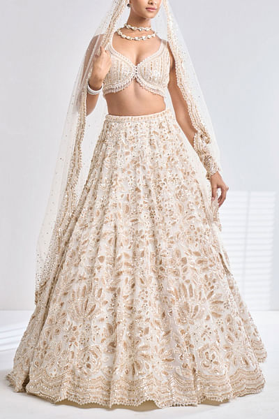 Cream organza embellished lehenga set