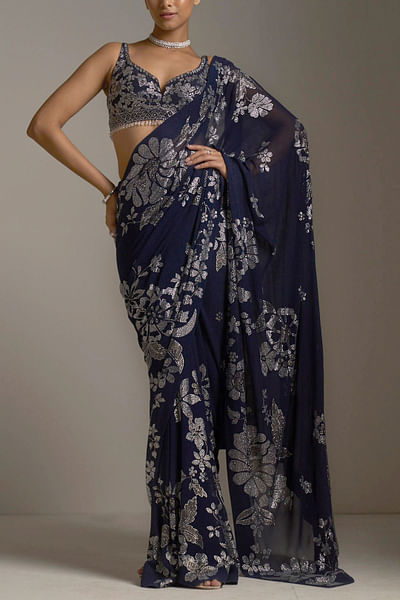 Navy blue floral sari set