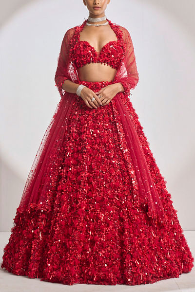 Red floret embellished lehenga set