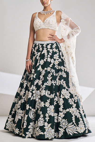 Bottle green pearl embellished lehenga set
