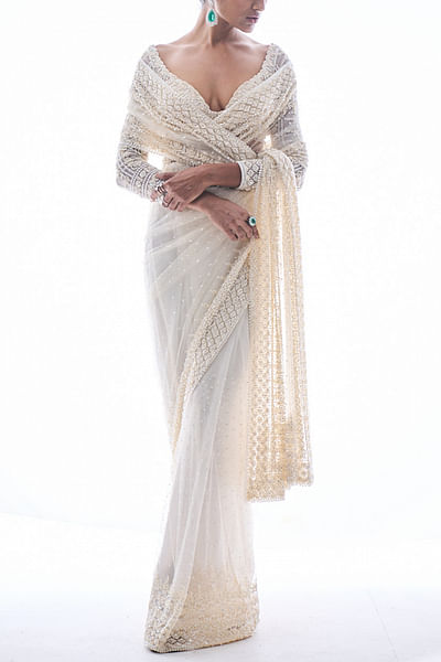 Ivory sequin embroidered sari set