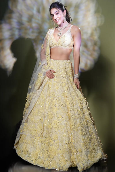 Yellow 3D floral embroidered lehenga set