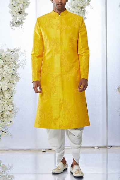 Yellow tissue raw silk sherwani set