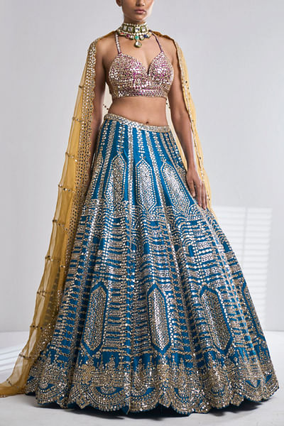 Teal mirror embellished lehenga set