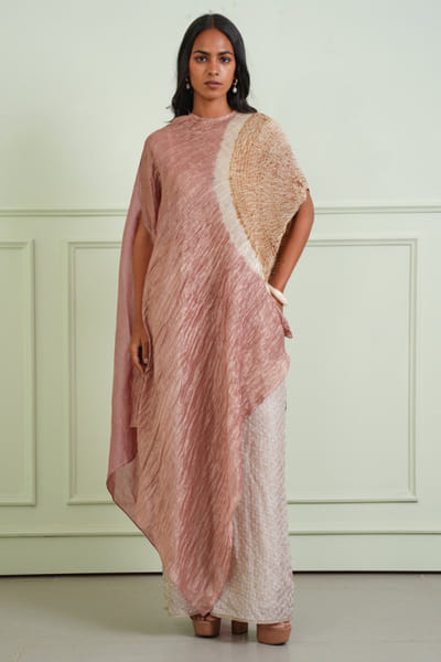 Twenty Nine Pink and beige shibori tissue dress set TWENJUL26D149011