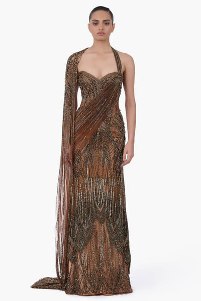 Antique gold embellished and draped sari gown