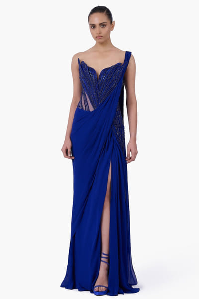 Electric blue embellished and draped sari gown