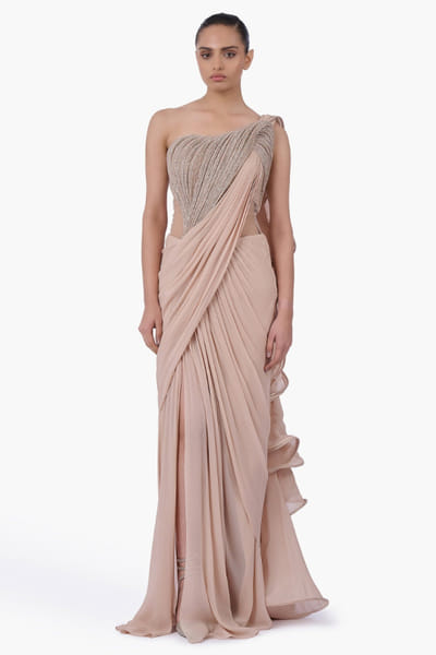 Champagne embroidered and draped sari gown