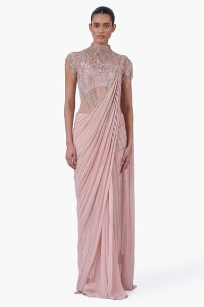 Blush pink embellished and draped sari gown