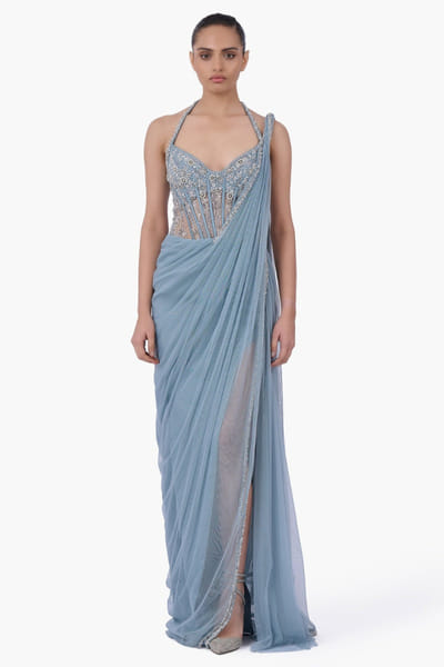 Feather blue embroidered and draped sari gown