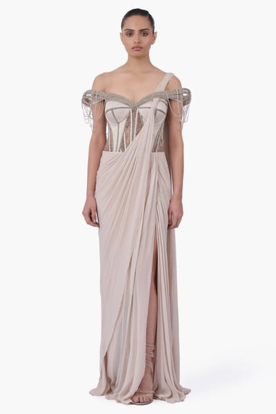 Sage gold embellished and draped sari gown