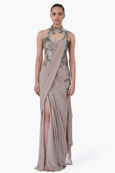 Sand metallic embellished sari gown
